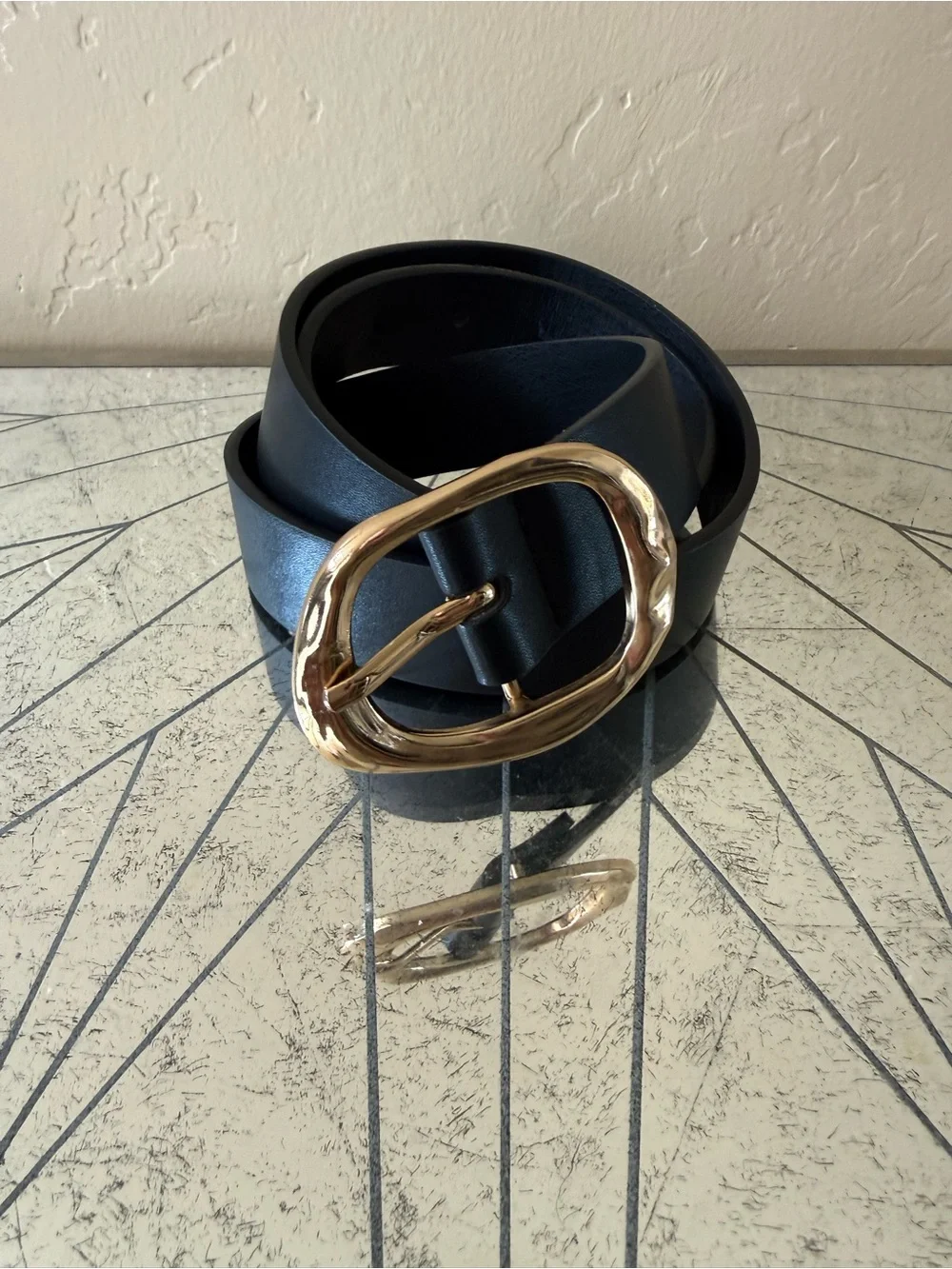 Black Faux Leather Belt with Gold Hammered Oval Buckle M